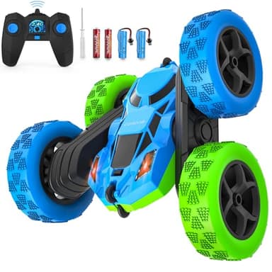 cosone Coche Teledirigido, Coches RC con Faros 2.4GHZ Juguetes de Coche Teledirigido, 4WD Off Road Stunt Car Doble Cara Giratorio de 360°, Regalos de Cumpleaños para Niños de 6 Años o Más (Azul-Verde)