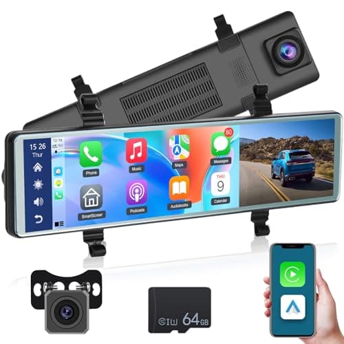 Cámara del Espejo retrovisor - Android Auto y Carplay inalámbricos - Cámara de Tablero de Espejo retrovisor de 11.26 Pulgadas para camión DVR/Control de Voz/FM