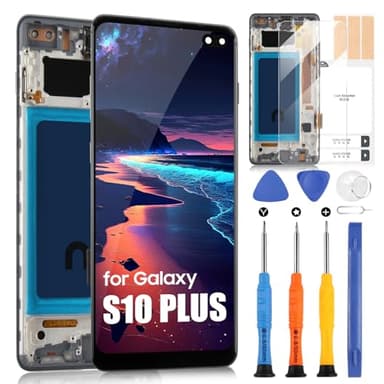 LCD Pantalla para Samsung S10 Plus LCD Display para Galaxy S10+ G975F G975U G975A Pantalla Táctil Asamblea Reemplazo Pantalla con Herramientas (Negro con Marco, Sin Desbloqueo Huella Dactilar, 6.4")