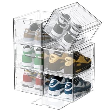 Cajas para Zapatos Transparentes, 6 Cajas de Zapatos,Organizadores Plegables,Apilables, para Exponer Zapatillas, Tacones Altos, Transparente y Blanco con tapas para Mujeres/Hombres（33.5x28x18cm）