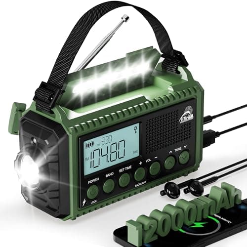 Roxicosly Radio de emergencia AM/FM/SW - Radio solar portátil con batería de 12000 mAh, pantalla LCD, linterna y luz de lectura, USB, alarma SOS, manivela de mano, equipo de emergencia para camping,