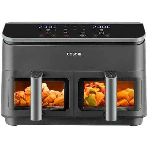 Cosori Freidora de Aire Grande con Doble Cesta 8,5L Air Fryer, Alta Pontencia y Velocidad, Max 8-10 Personas, 10 Funciones, Acero Inox Interior con Fianza, Más Sano, Panel Táctil Intuitivo, Limpiable