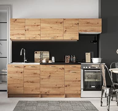 JUANIO Cocina Completa Mila 7 Elementos Color Roble Artesano con encimera incluida - Longitud 180/240 cm