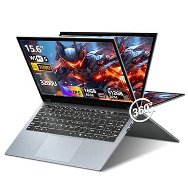 15,6" Ordenador Portátil 2 en 1, PC Portátil AMD Ryzen 3 3200U CPU, Win11 Portatil16GB LPDDR4 512GB SSD, Laptop con Pantalla Táctil Giro de 360°, AMD Radeon Graphics GPU, RJ45+Type-C+Mini-HDMI