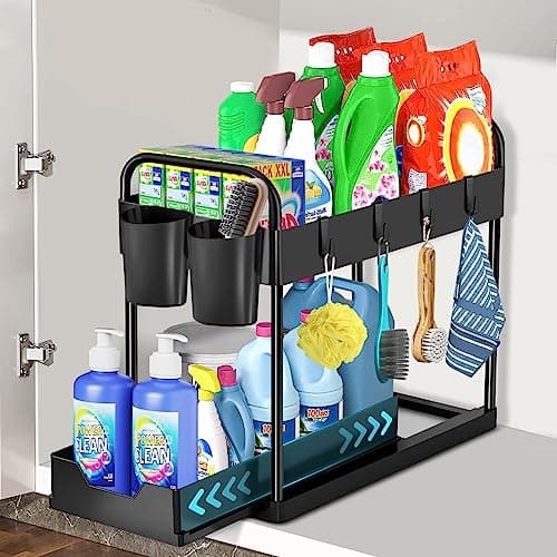 HABOWN Estante para debajo del fregadero, organizador de cocina de 2 niveles, armario de cocina, armario extraíble con 4 ganchos y 2 tazas, cajón extraíble, estante para lavavajillas (negro, 1 pieza)