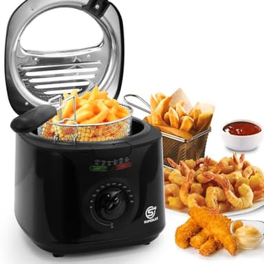 SUPERLEX Freidora eléctrica de 2 litros con aceite, 1300 W, capacidad de 1,3 kg, freidoras compactas, cesta de acero extraíble, cubo antiadherente, tapa con ojo de buey, temperatura ajustable 80-190 ℃