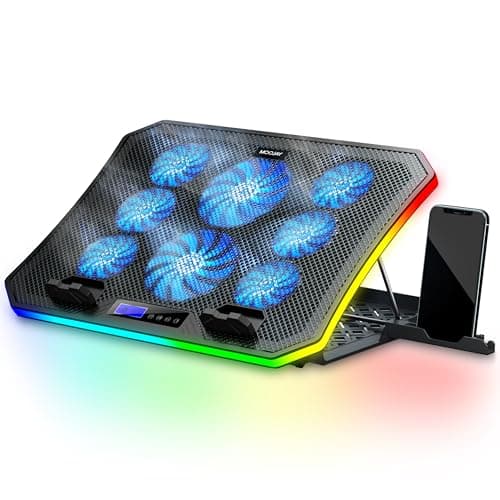MOOJAY C50 Gaming Base Refrigeradora Portatil, 10 Modos Luces RGB Soporte Refrigeración Portátiles, 8 Alturas Ajustables con 8 Ventiladores y Soporte Teléfono per 15,6-17,3" Laptops - Azul