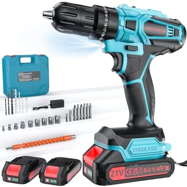 Olubfdh Taladro Percutor a Bateria 21V, Taladro Atornillador Bateria con 4000mAh Baterías, 45 Nm, 25+3 posiciones de par (2 Velocidad y LED) Adecuado para bricolaje en casa y jardín (2*2.0Ah Baterías)