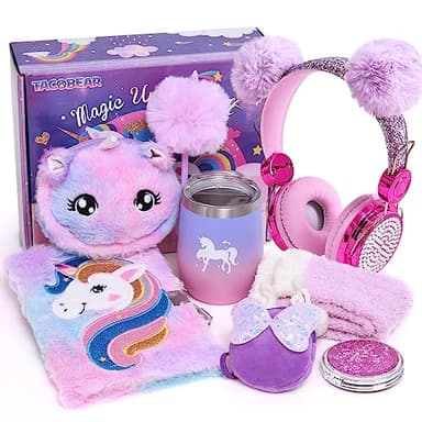 Unicornio Regalos para Niñas 6, 7, 8, 9, 10, 11, 12 Años Niño Auriculares de Cable Diario Peluche Unicornio Bolsa Espejo Calcetines Botella Juguetes de Unicornio para Niños Regalo Cumpleaños Navidad