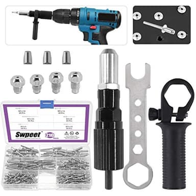 Swpeet Kit de 211 adaptadores de pistola de remache eléctrica de aleación de acero negro, incluye cabeza de remache de 2.4/3.2/4.0/4.8 mm de diámetro y llave de mango con 500 piezas de kit de remaches