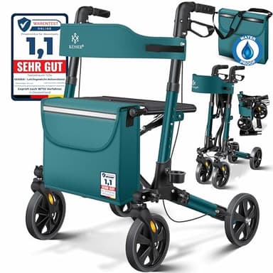 KESSER® Andador plegable con asiento y respaldo, 4 Ruedas/Frenos/Saco de Compra y Porta Bastón, Altura Ajustable 82-94cm, Andador, Carro, Rollator para Ancianos