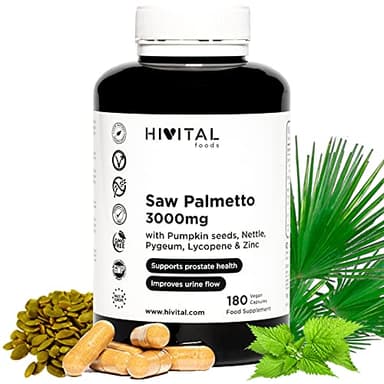 Saw Palmetto 3000 mg. 180 cápsulas veganas para 3 meses de tratamiento. Con Serenoa Repens, Semillas de Calabaza, Ortiga, Pygeum Africanum, Licopeno y Zinc. Fabricado en España por HIVITAL