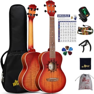 Winzz Ukelele Tenor para Adultos Principiantes, Ukelele de Caoba 26 pulgadas Starter Kit, Único Ukelele Regalos Set, Diseño Único (Cuerdas de Carbono, Mate Sunburst)
