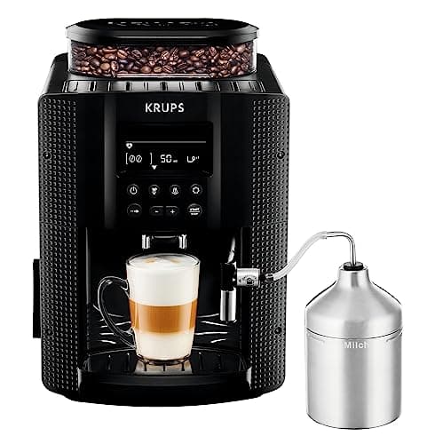 Krups Essential - Cafetera súper automática, 15 Bares de presión, Molinillo cónico de Metal, con selección de cantidad e Intensidad de café, 1.7 l, 1 Cups, Acero, Pantalla LCD + Acc. Leche
