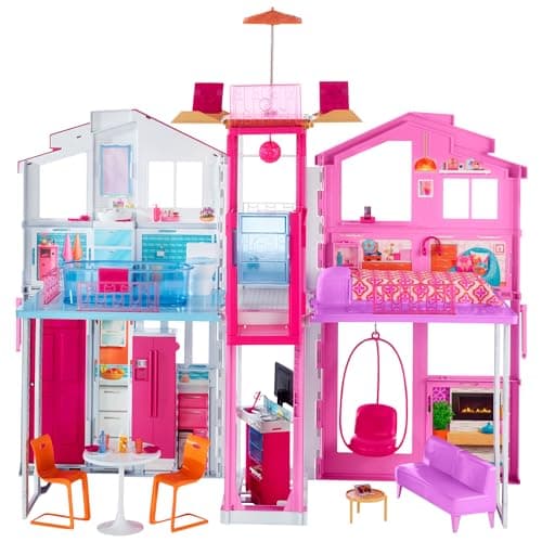Barbie Supercasa, casa de muñecas con Accesorios, con Cuatro Habitaciones, terraza en la azotea, Detalles realistas, Piscina y Muebles, DLY32