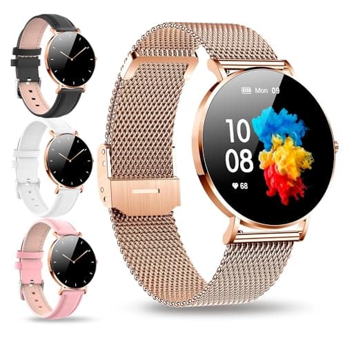 MAPEKS® Reloj Inteligente Mujer Ultra Fino smartwatch 3 Correas Cuero Extra y 1 Protector Pantalla Pulsera Actividad Larga Duración de Batería Compatible Android iOS