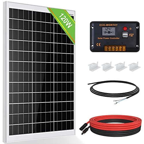 Eco-Worthy 120W 12V Kit de Panel Solar para RV Caravana Barco Cabina cobertizo:1pc 120W 12V Panel Solar + 30A PWM Cargador Solar Controlador + 16 pies de Cable de extensión + Z Soporte