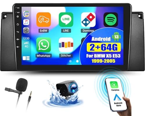 OiLiehu 2G+64G Radio Android 13 2 DIN Carplay Android Auto para BMW X5 E53 1999-2005 Pantalla Radio Coche 9 Pulgadas Radio de Coche con Mirror Link/EQ/Bluetooth/SWC/FM RDS/WiFi/GPS/Cámara Trasera