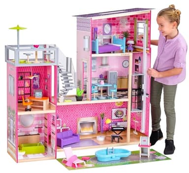 KidKraft Casa de muñecas de Madera Uptown con Muebles y Accesorios, Casita de Juguete con Gato, Ascensor y Piscina para muñecas de 30 cm, Juguetes niños y niñas Desde 3 años (65833)