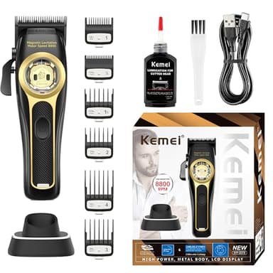 KEMEI Cortapelos profesional para hombres, cortadora de pelo inalámbrica con motor de levitación magnética de 8800 rpm, kit de corte de pelo ajustable de con base de carga