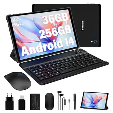 RUSHAR Tablet 10.4 Pulgadas Android 14 con 36GB RAM+256GB ROM (2TB TF),Tablet 4G LTE/SIM+5G WiFi,Octa-Core 2.0GHz,INCELL 2000 * 1200,8000mAh,13MP+8MP,Tablet con Teclado etc,GPS/Bluetooth,Negro
