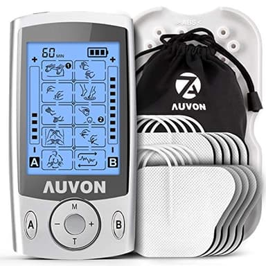 AUVON TENS Electroestimulador Digital, de doble canal para aliviar el dolor, electroestimulador TENS de unidad con 20 modos, 10 piezas de electrodos premium de 2"x 2" con diseño patentado
