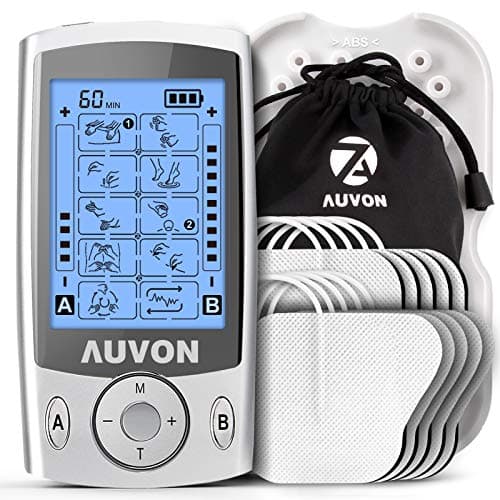 AUVON TENS Electroestimulador Digital, de doble canal para aliviar el dolor, electroestimulador TENS de unidad con 20 modos, 10 piezas de electrodos premium de 2"x 2" con diseño patentado