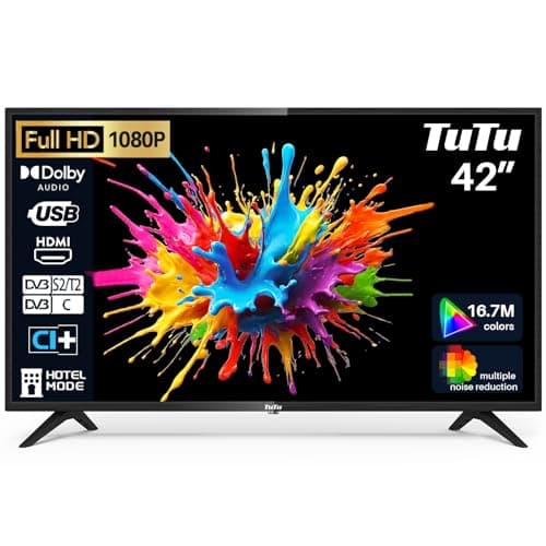 TuTu TV 42 Pulgadas LED Full HD Televisores con Sintonizador Digital DVB-T/T2-C-S/S2, HDMI, USB Grabador Reproductor, Modo Hotel (TUB42FD1N, 2023)