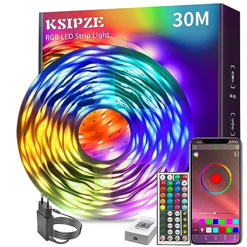 KSIPZE Luces Led Habitacion 30 Metros, Tira Led RGB Control de IR Remoto y Bluethooth App, luz led adhesiva Sincronización de Música, Modo Temporización, para Habitación, Dormitorio, Sala de Juegos