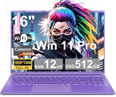 Ordenador Portátil 16 Pulgadas Celeron N5095 Up to 2.9Ghz, Portátil Win 11 con 5G WiFi 12+512GB SSD Expansión 1TB, BT 4.2 Mini Puerto Multimedia Portatiles Ventilador Refrigeración 1920*1200-Morado