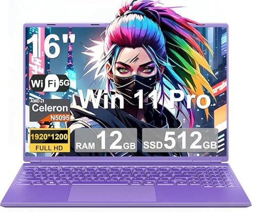 Ordenador Portátil 16 Pulgadas Celeron N5095 Up to 2.9Ghz, Portátil Win 11 con 5G WiFi 12+512GB SSD Expansión 1TB, BT 4.2 Mini Puerto Multimedia Portatiles Ventilador Refrigeración 1920*1200-Morado