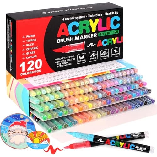 120 Colores de Rotuladores Acrílicos para Piedras Resistente al Agua, Rotuladores Acrílicos con Punta de Pincel, Rotuladores Acrílicos Ideales para Pintar Piedras, Porcelana, Vidrio, Lienzo, Cerámica