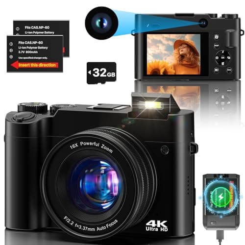 Cámara Digital 4K Dual Camera 64 MP Antivibración Vlogging Cámara Fotográfica con Tarjeta de Memoria de 32 GB, Zoom Digital 16X, 2 baterías y Cargador, y Cámara Compacta para Principiantes