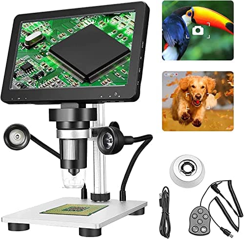 Microscopio Profesional 7" 1200x 12MP Microscopio Digital con Pantalla Giratoria HD/8 Luces LED/ 12 Idiomas/10cm Distancia Trabajo/Controlador Microscopio Electronico para Soldadura