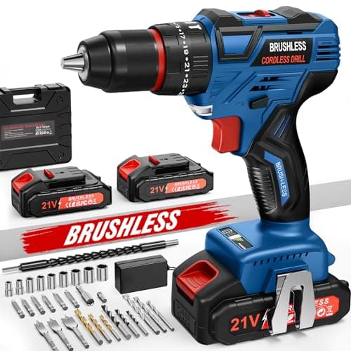 Taladro Percutor a Bateria, 21V Sin Escobillas Taladro Atornillador Batería con 2 Baterías, 60Nm Brushless Drill, 25+3 Ajuste de Par, 10mm Portabrocas, 2 Velocidad, LED Luz, Accesorios 25Pcs