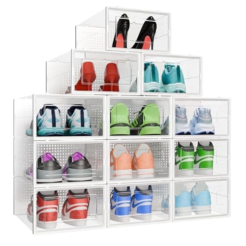 CM HOME, Cajas de Zapatos. Juego de 12 Organizadores de Almacenamiento de Plástico Transparente Apilables y Plegables, Caja Zapatero con Tapas para Zapatillas y Calzado hasta Talla 44 (BLANCO)