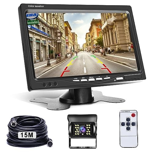 Cámara Marcha Atrás y 7 Pulgadas LCD Monitor Kit Cámara Visión Trasera, Hodozzy IR Visión Nocturna Impermeable Cámara de Marcha 12V-24V con 4 Pin 15 Metros Cable para Coche Camión Remolque Caravana