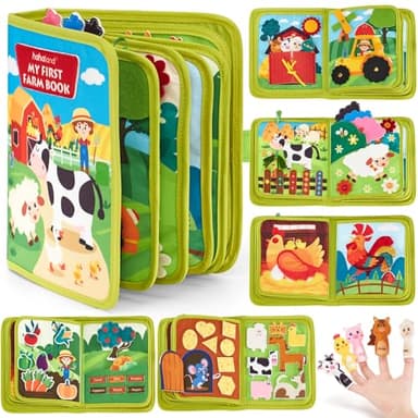 hahaland Libro Montessori 1 año - 20 en 1 Busy Board de Actividad, Libro Interactivo Juguetes Montessori para Niños 1 2 3 años - 10 Páginas Animales Granja