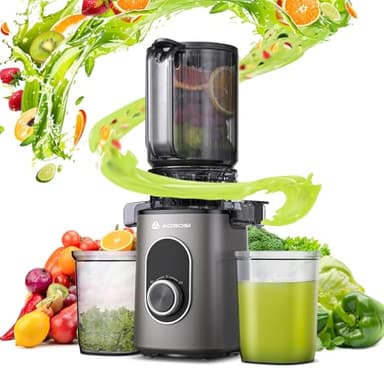 AAOBOSI Extractor de Zumos y Verduras, Slow Juicer 110MM de Gran Apertur, Fácil De Limpiar, con función de masticación inversa, sin BPA, Apto para Frutas y Verduras, Con 2 Tazas y Cepillo