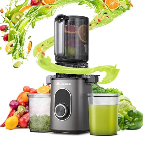 AAOBOSI Extractor de Zumos y Verduras, Slow Juicer 110MM de Gran Apertur, Fácil De Limpiar, con función de masticación inversa, sin BPA, Apto para Frutas y Verduras, Con 2 Tazas y Cepillo