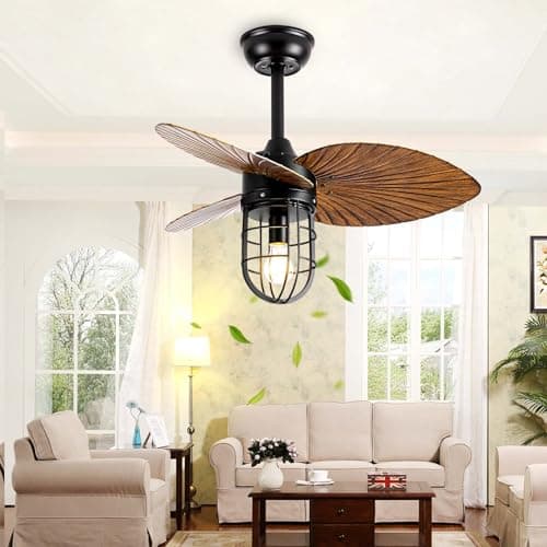 81cm Ventilador de Techo con Luz E27 Vintage, 3 Hojas Plafon Ventilador Techo 6 Velocidades Reversible Silencioso, Lampara Techo con Ventilador Rustica Hojas de Palma para Dormitorio Sala