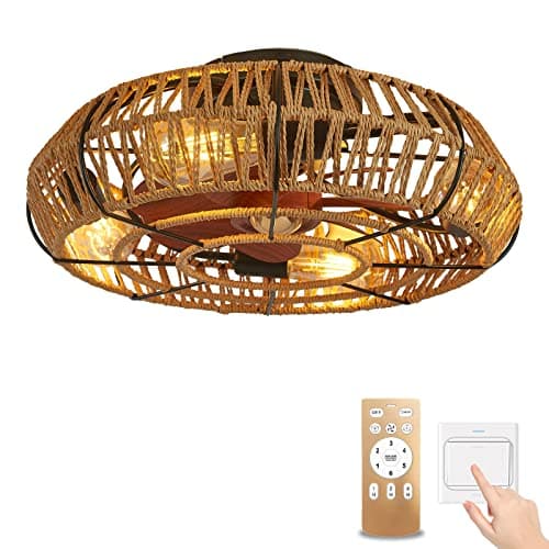 YOLEDY Ventilador Techo con Luz y Mando a Distancia Vintage, Rústico Lámpara Ventilador Techo Enchufe E27, Silencioso Motor DC, Función Verano Invierno, Cordón de Cáñamo Tejido a Mano Estilo Bohemio