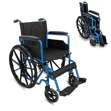 Mobiclinic®, Silla de ruedas plegable, Marsella, Extracción rápida pulsando un botón, Asiento 46 cm, Reposapiés y reposabrazos abatibles, Palanca freno, Resistente, Azul