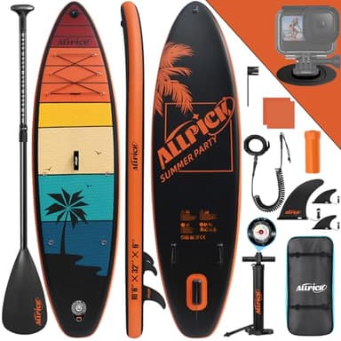 ALLPICK Tabla Paddle Surf Hinchable, Stand Up Paddle Board Sup, Tabla Padel Surf 320 cm, Soporte Universal para Cámara, Paleta Ajustable, Principiantes y Avanzados 150 kg/180kg, Atardecer Naranja