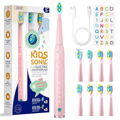 Seago Cepillo Electrico Infantil, Cepillo Dientes Electrico Infantil Recargable con Divertidas Pegatinas DIY, 8 Cabezal de Recambio, 5 Modes y Temporizador de 2 minutos, Rosa