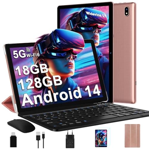Tablet 10 Pulgadas Android 14 con 5G Wi-Fi 6, FHD Tablet con 18 GB RAM + 128 GB ROM (Ampliable a 1TB), Widevine L1, 8 Cores, BT 5.0, 6000mAh, USB-C, Tablet con Teclado + Ratón + Funda, Nero, Oro Rosa