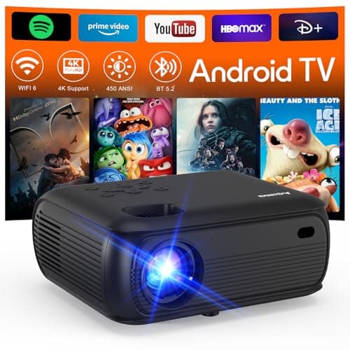 [450ANSI/1080P 4K] Proyector 4K con WiFi y Bluetooth 1080P Nativo 3D Altavoz Estéreo Apps-integradas Proyector WiFi 6, Bluetooth, Alto Brillo, Android TV Mini Proyector Cine en Casa Proyector, Negro