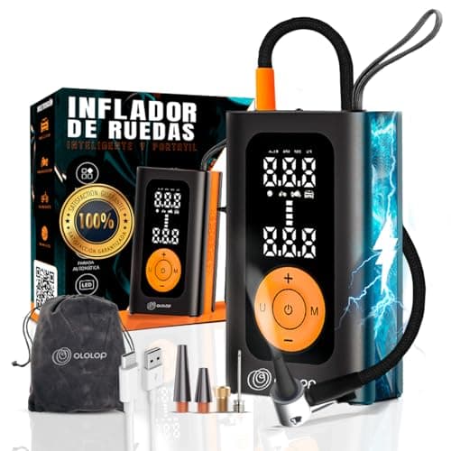 Ololop® Super Inflador Ruedas Coche Premium con Linterna + GUIA para Llevar a tu Familia Segura | compresor Aire portatil | hinchador Ruedas Coche | Accesorios Coche | Bateria Emergencia para Movil