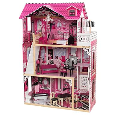 KidKraft Casa de muñecas de Madera Amelia para muñecas de 30 cm con Muebles y Accesorios, Casita de Juguete con Ascensor y balcón, 3 Niveles de Juego, Juguetes niños y niñas Desde 3 años (65093)