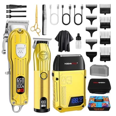 HIENA PRO Cortapelos profesional para hombres, kit completo de corte de pelo y afeitadora de aluminio, cortadora de pelo inalámbrica para kit de peluquería con pantalla LED